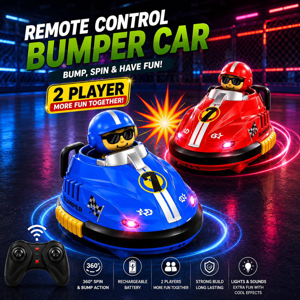Multiplayer RC Bumper Cars for Kids – 2 Remote Control Cars with Pop-Up Drivers, Lights & Sounds