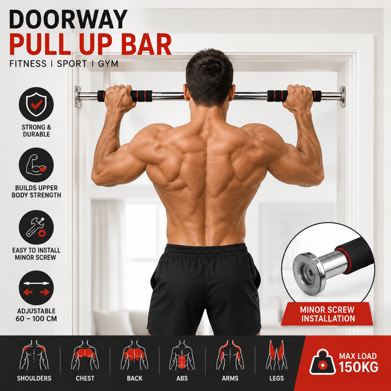 Doorway Pull Up Bar - Adjustable Home Gym Fitness Bar (60-100cm)