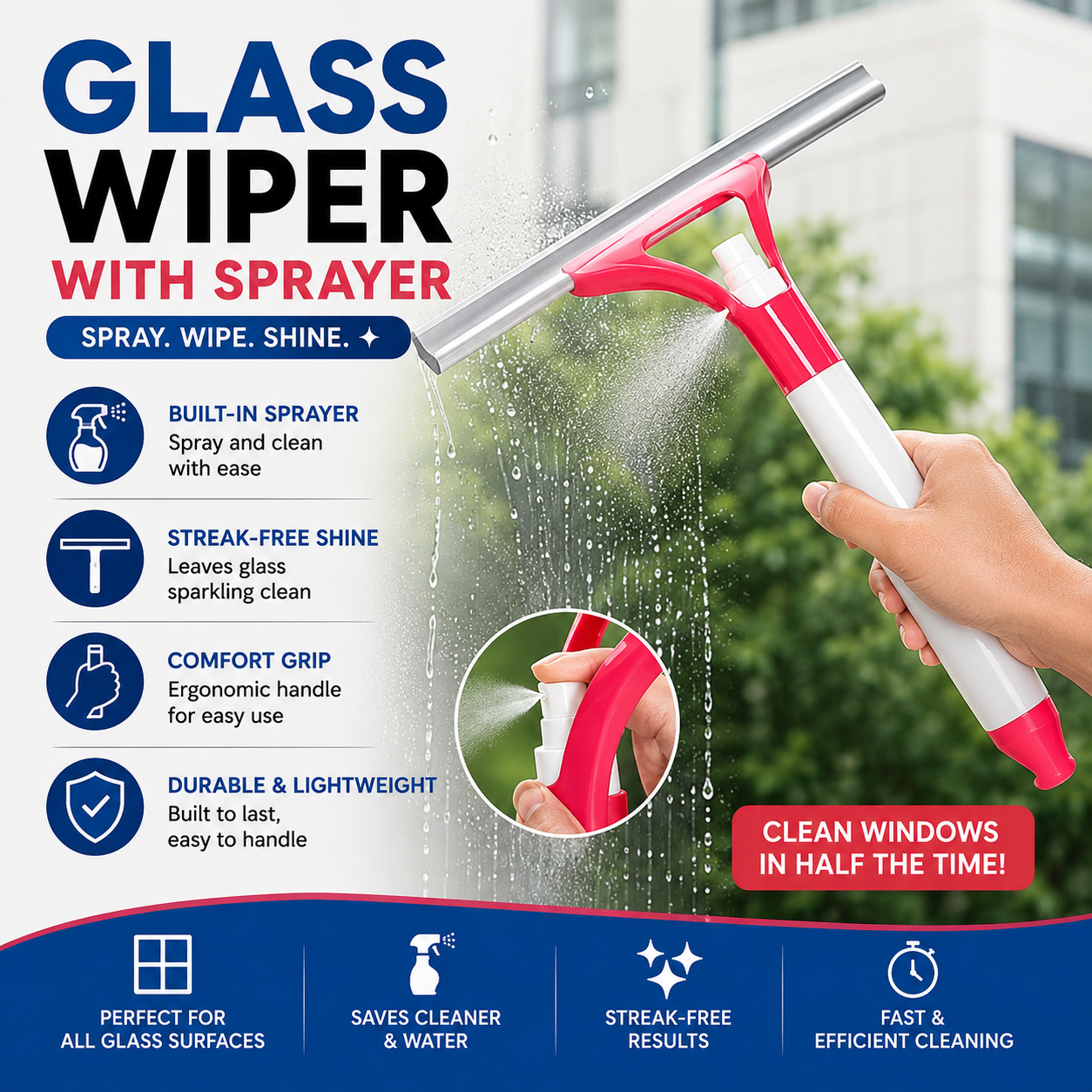 Shower Spray Glass Wiper – 2-in-1 Spray & Squeegee Cleaner for Windows & Tiles