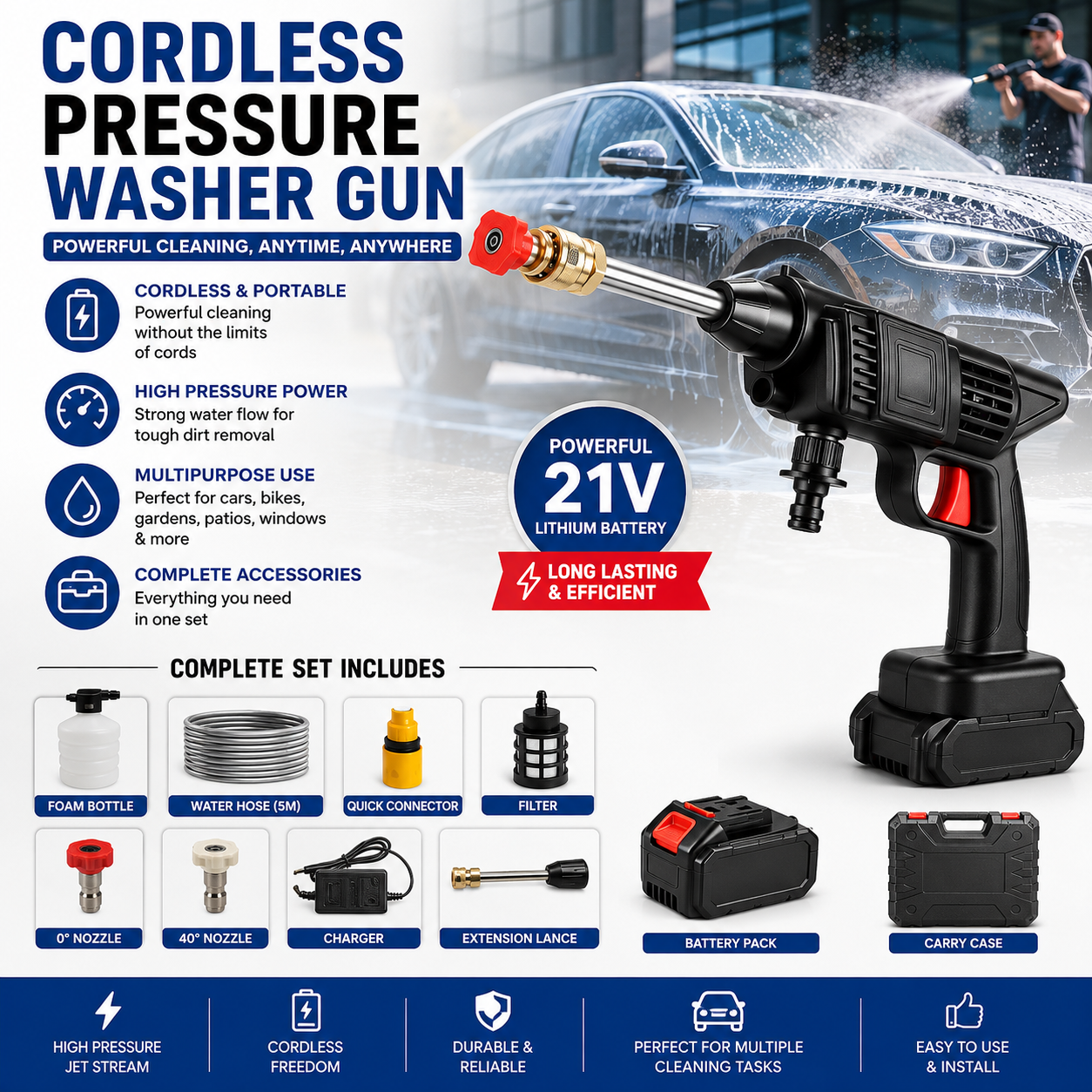 Cordless Pressure Washer Gun with Battery & Carry Case | Portable High Pressure Car Washer Spray Gun