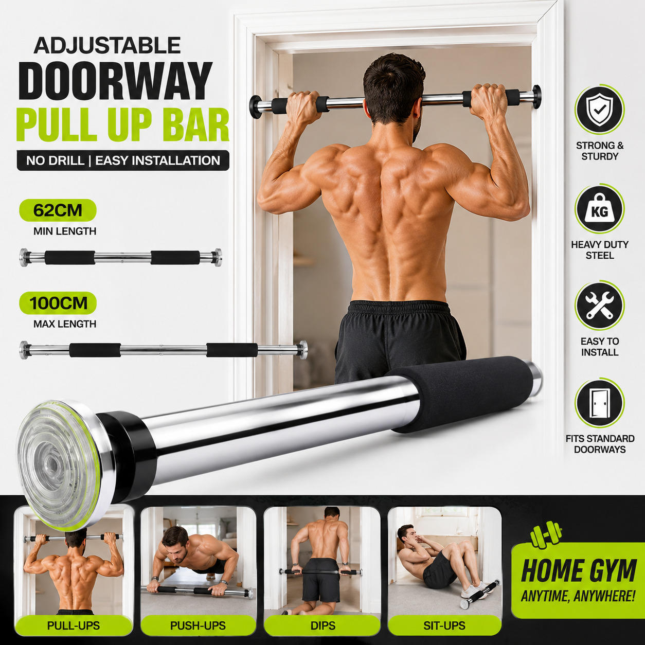 Adjustable Doorway Pull Up Bar | No Drill Home Gym Exercise Bar (62-100cm)