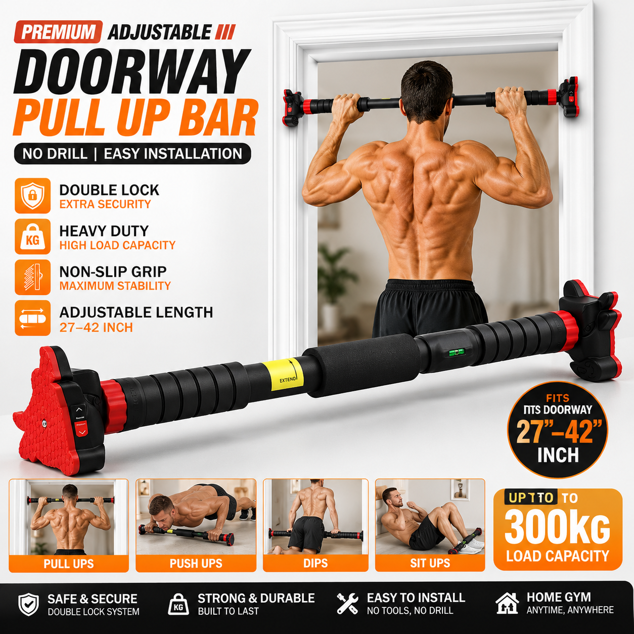 Premium Adjustable Doorway Pull Up Bar with Double Lock | No Drill Home Gym Exercise Bar (27–42 Inch)