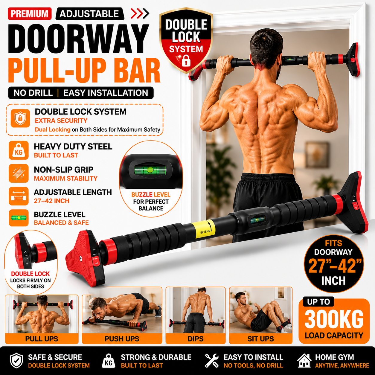 Premium Adjustable Doorway Pull-Up Bar | No Drill Home Gym Exercise Bar with Double Lock & Bubble Level (27-42 Inch)