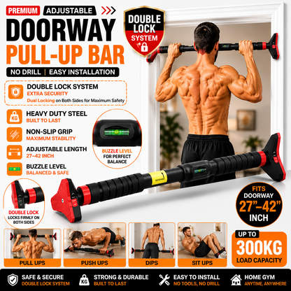 Premium Adjustable Doorway Pull-Up Bar | No Drill Home Gym Exercise Bar with Double Lock & Bubble Level (27-42 Inch)