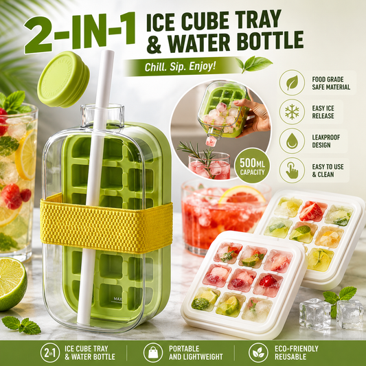 2-in-1 Ice Cube Tray Water Bottle 500ml | Portable Ice Maker Bottle with Straw