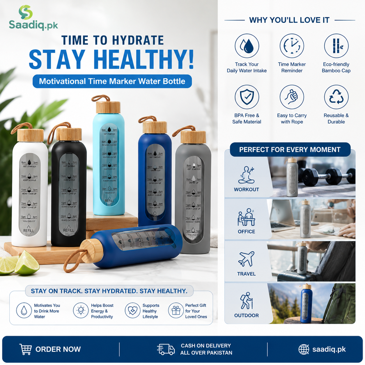 Motivational  Time Marker Water Bottle – Leakproof BPA Free Reusable Sports Bottle