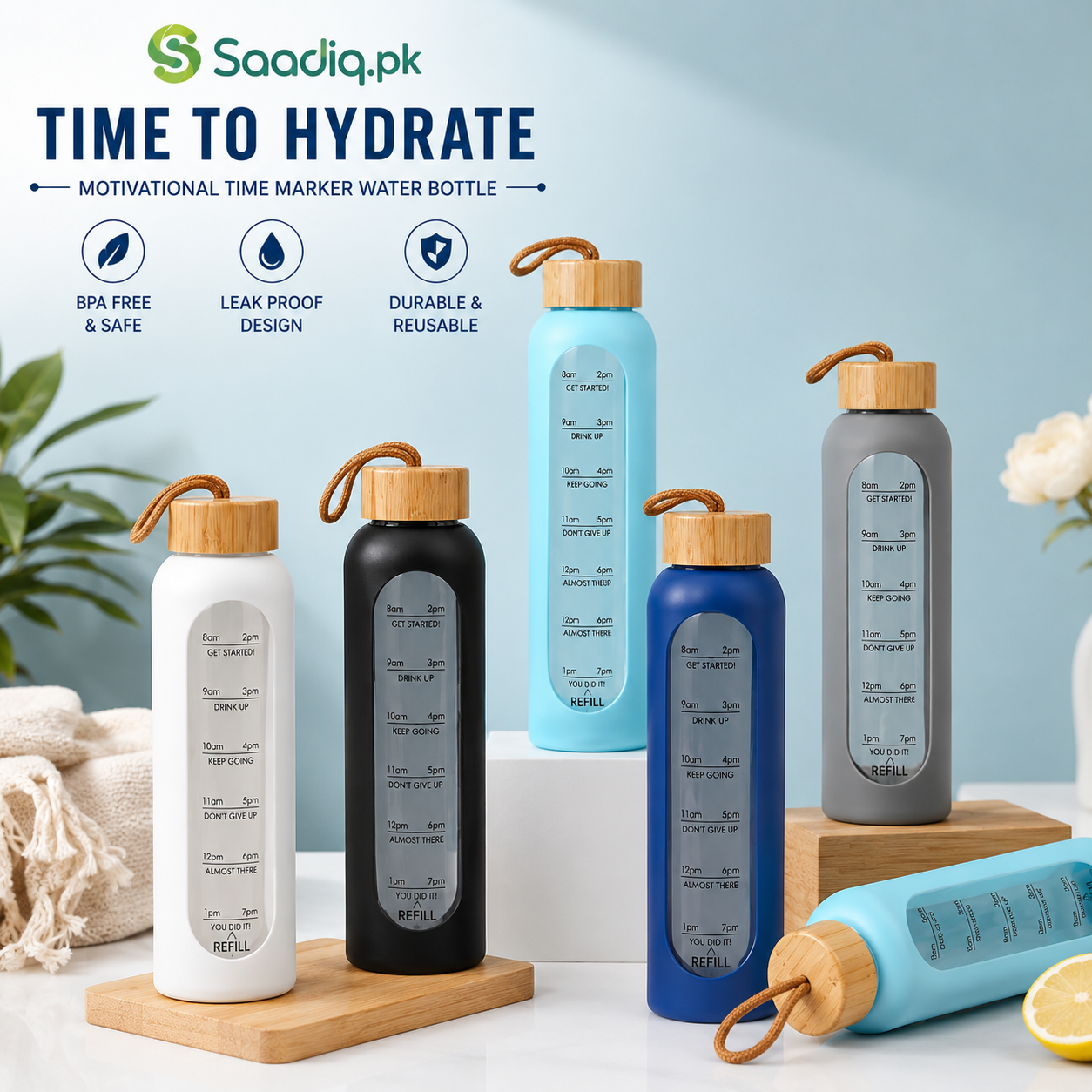 Motivational  Time Marker Water Bottle – Leakproof BPA Free Reusable Sports Bottle