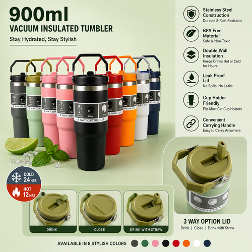 900ML Vacuum Insulated Stainless Steel Travel Tumbler with Straw Lid & Handle