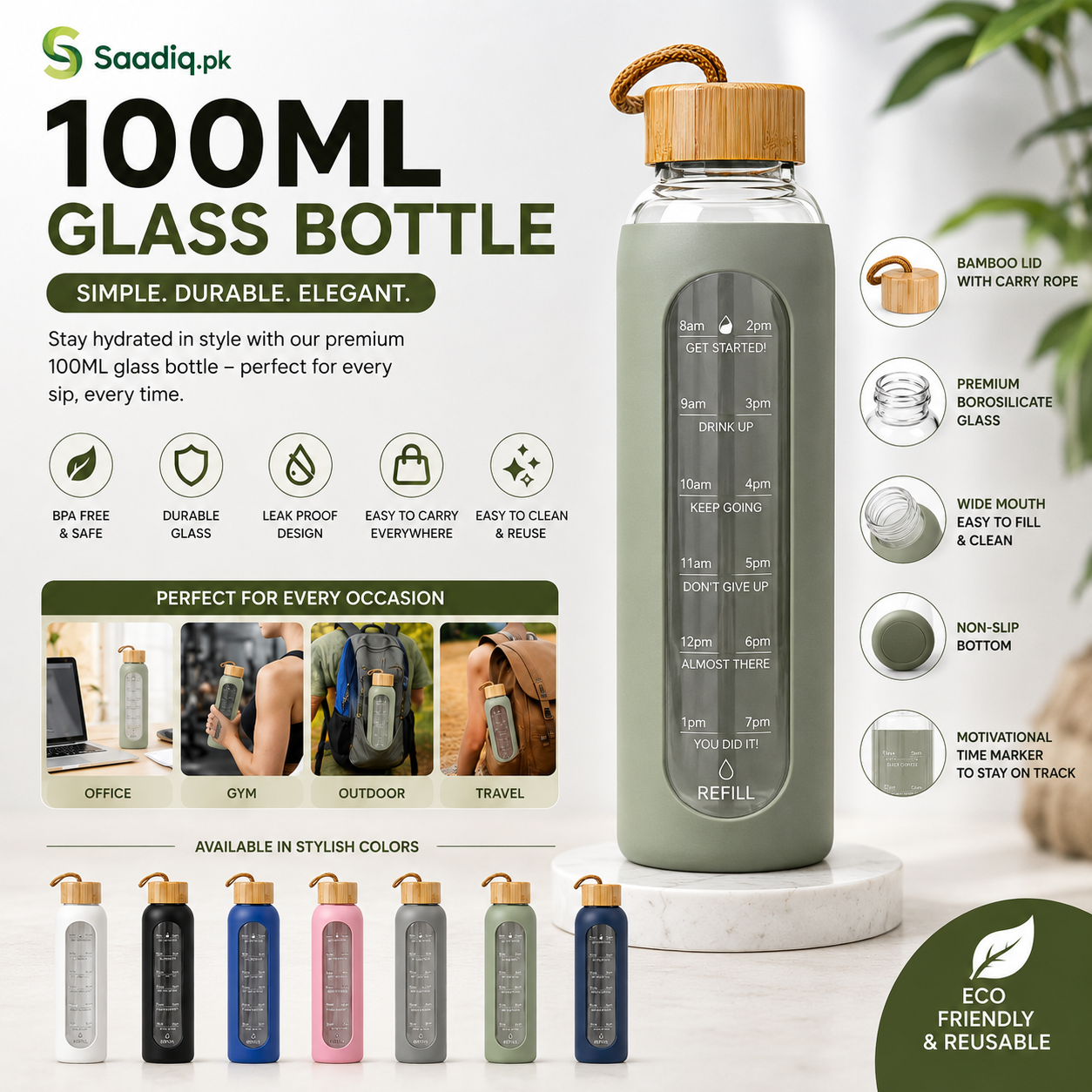 Motivational  Time Marker Water Bottle – Leakproof BPA Free Reusable Sports Bottle