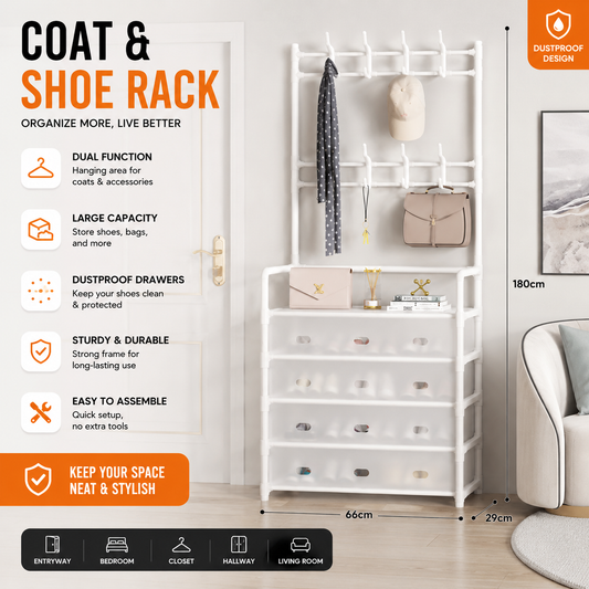 Multi-Purpose Shoe & Coat Rack with Dustproof Cover – Space Saving Storage Organizer