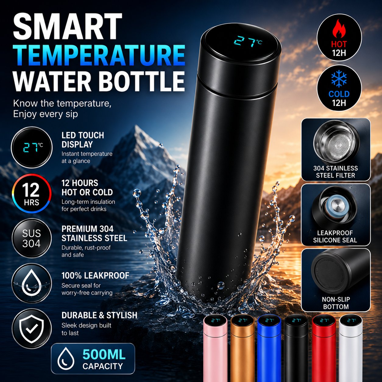 Smart water bottle with LED temperature display 500ml - Saadiq.pk Pakistan