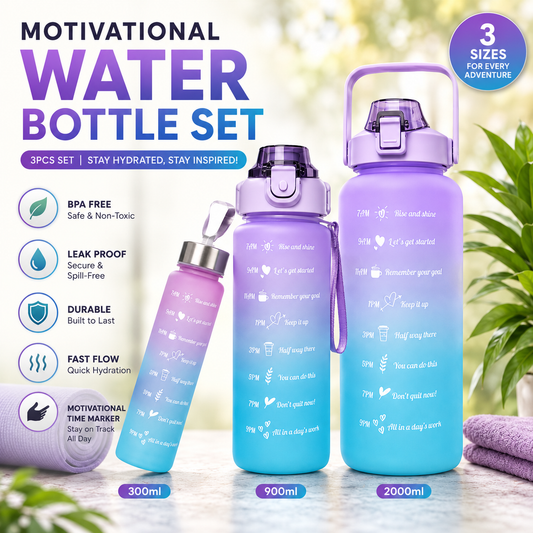 3PCS Motivational Water Bottle Set with Straw & Time Marker – 300ml, 900ml & 2000ml BPA Free Leakproof Bottles