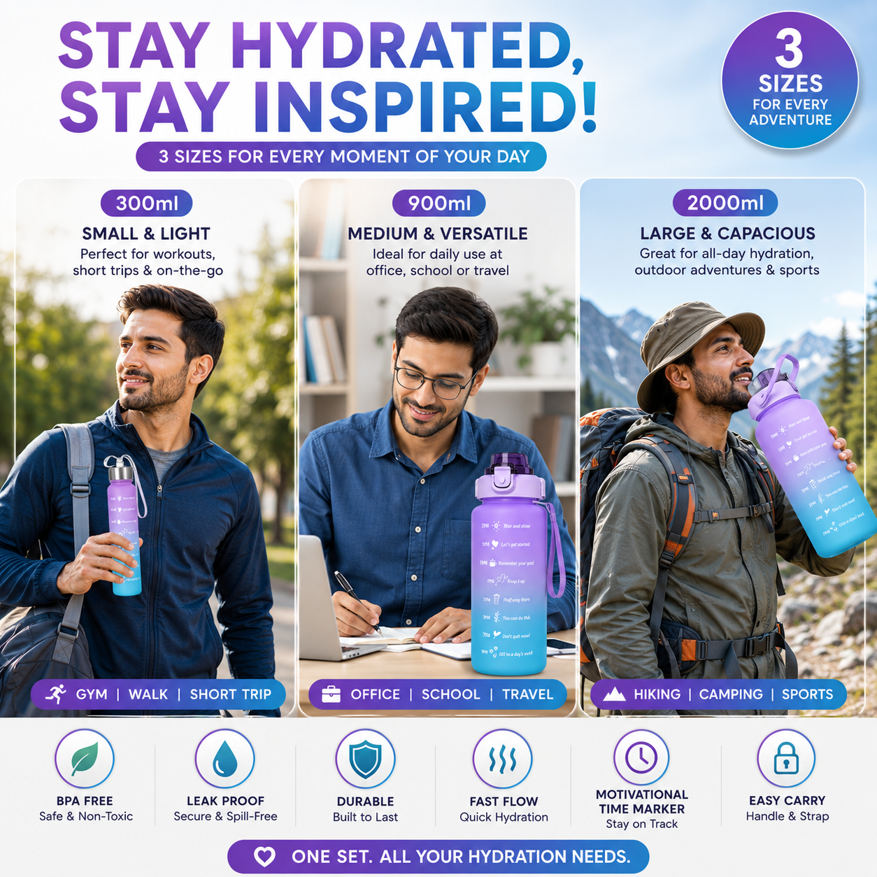 3PCS Motivational Water Bottle Set with Straw & Time Marker – 300ml, 900ml & 2000ml BPA Free Leakproof Bottles
