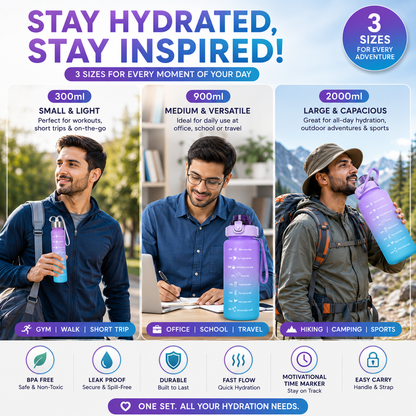 3PCS Motivational Water Bottle Set with Straw & Time Marker – 300ml, 900ml & 2000ml BPA Free Leakproof Bottles