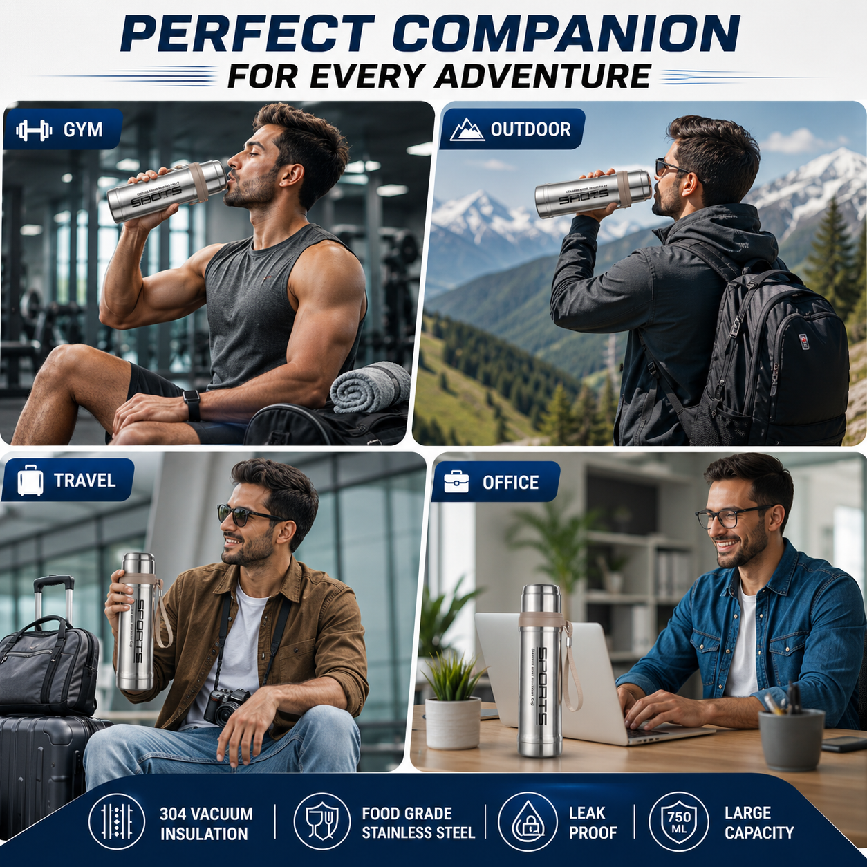 Vacuum Insulated Stainless Steel Sports Water Bottle Leak Proof Hot & Cold Flask - 750ML