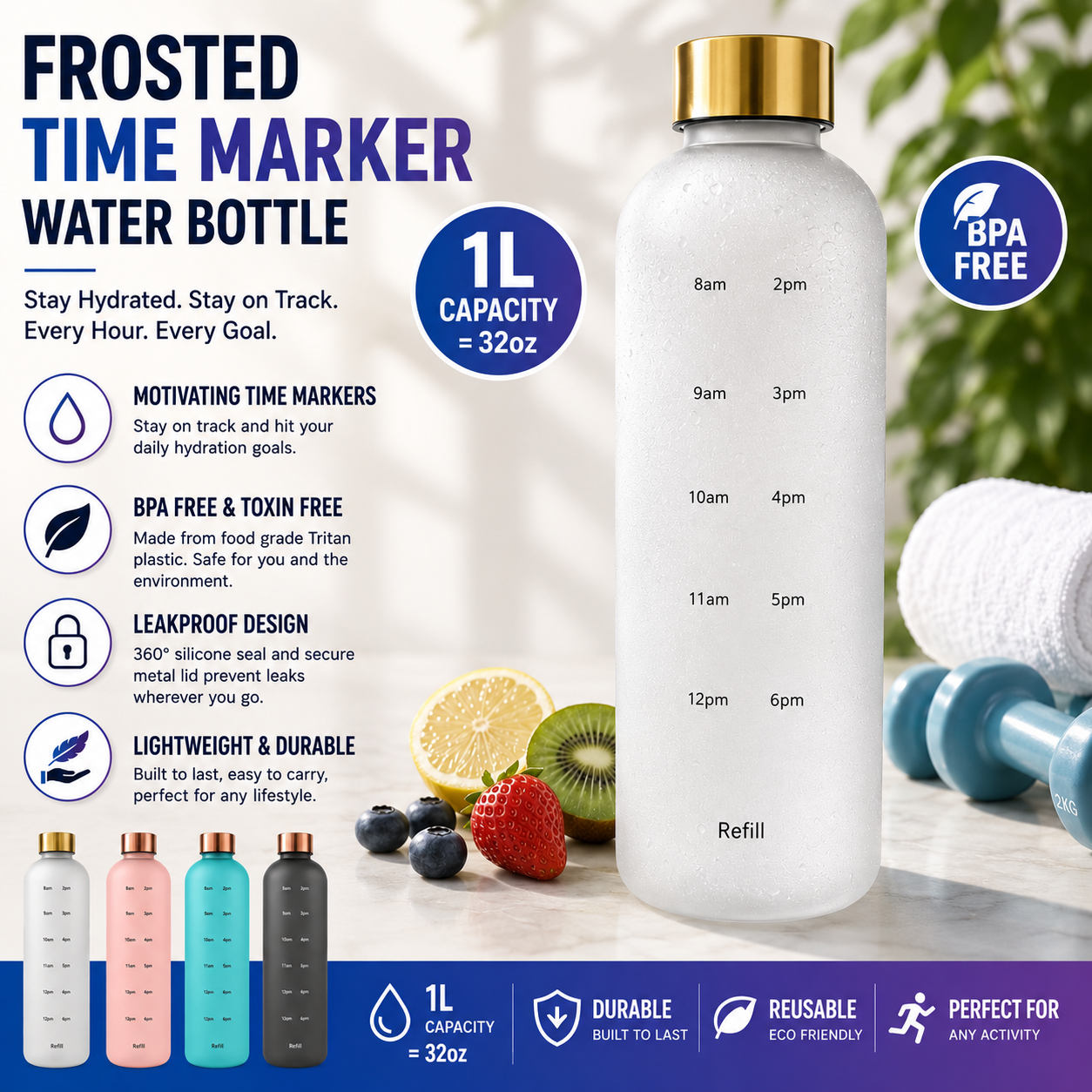 1L frosted time marker water bottle BPA free - Saadiq.pk Pakistan