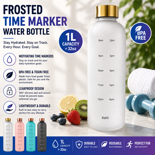 1L Frosted Time Marker Water Bottle – BPA Free Leakproof Gym Bottle