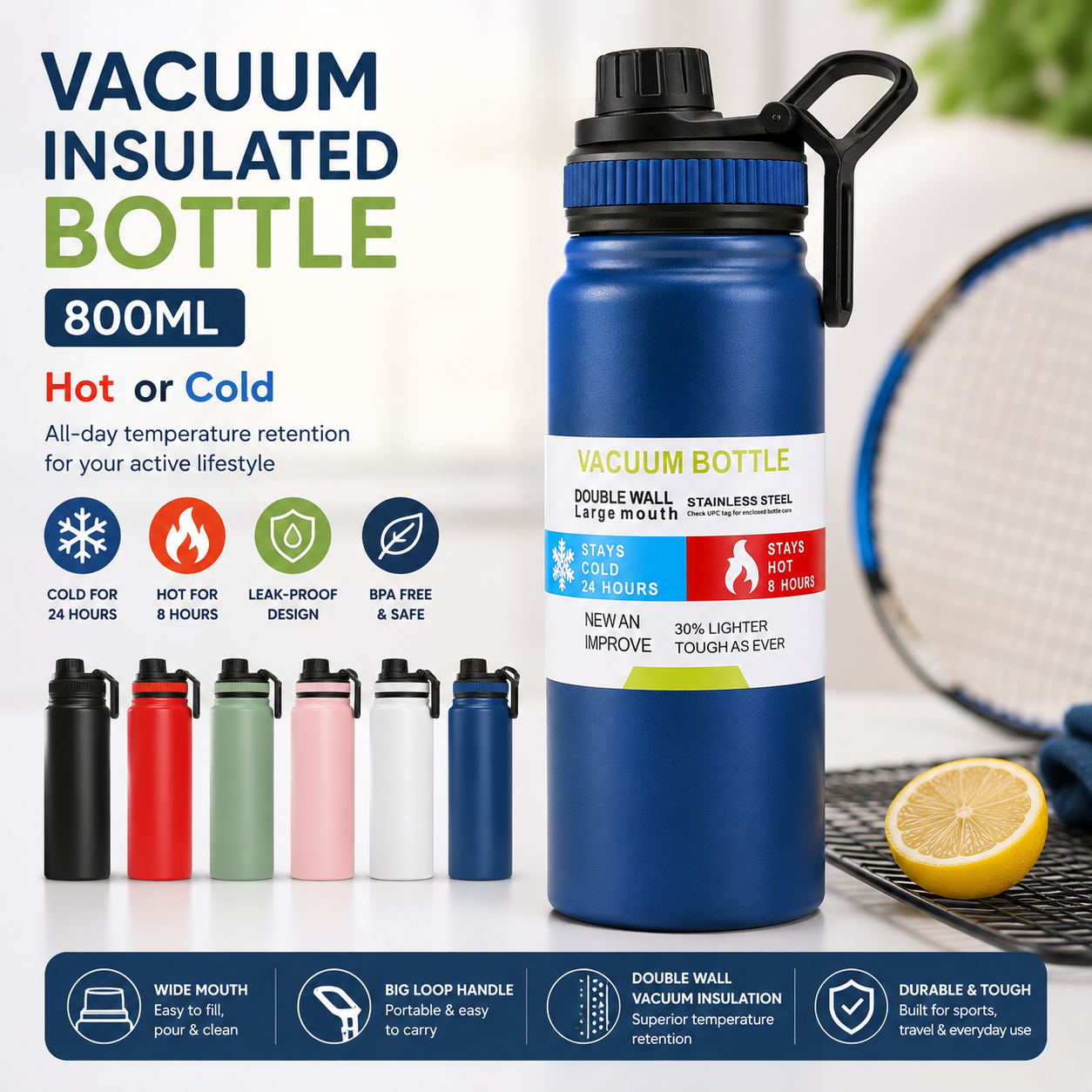 Vacuum Insulated Stainless Steel Water Bottle – Hot & Cold Leak Proof Flask 800ML