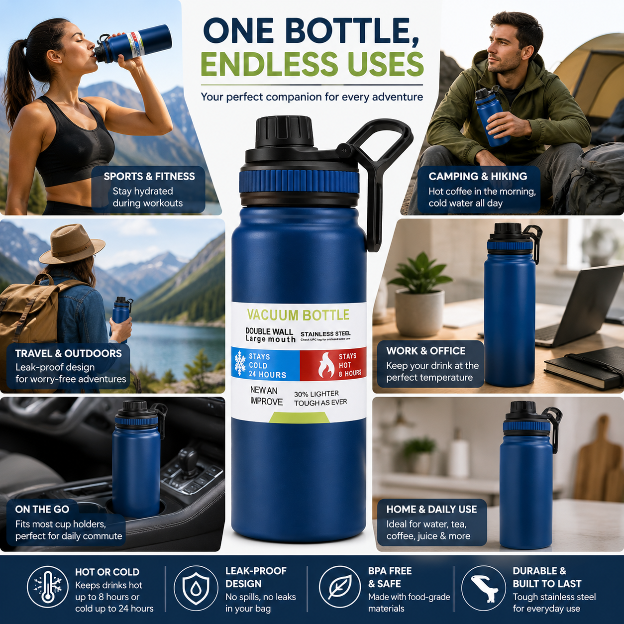 Vacuum Insulated Stainless Steel Water Bottle – Hot & Cold Leak Proof Flask 800ML