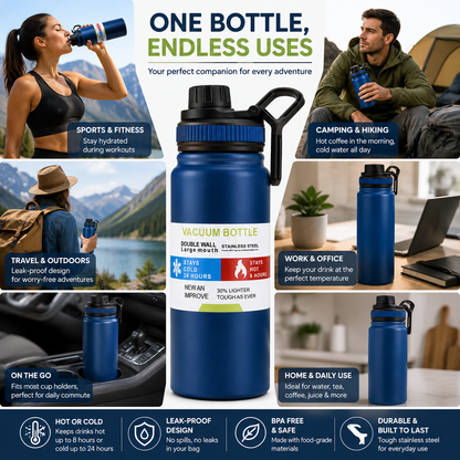 Vacuum Insulated Stainless Steel Water Bottle – Hot & Cold Leak Proof Flask 800ML