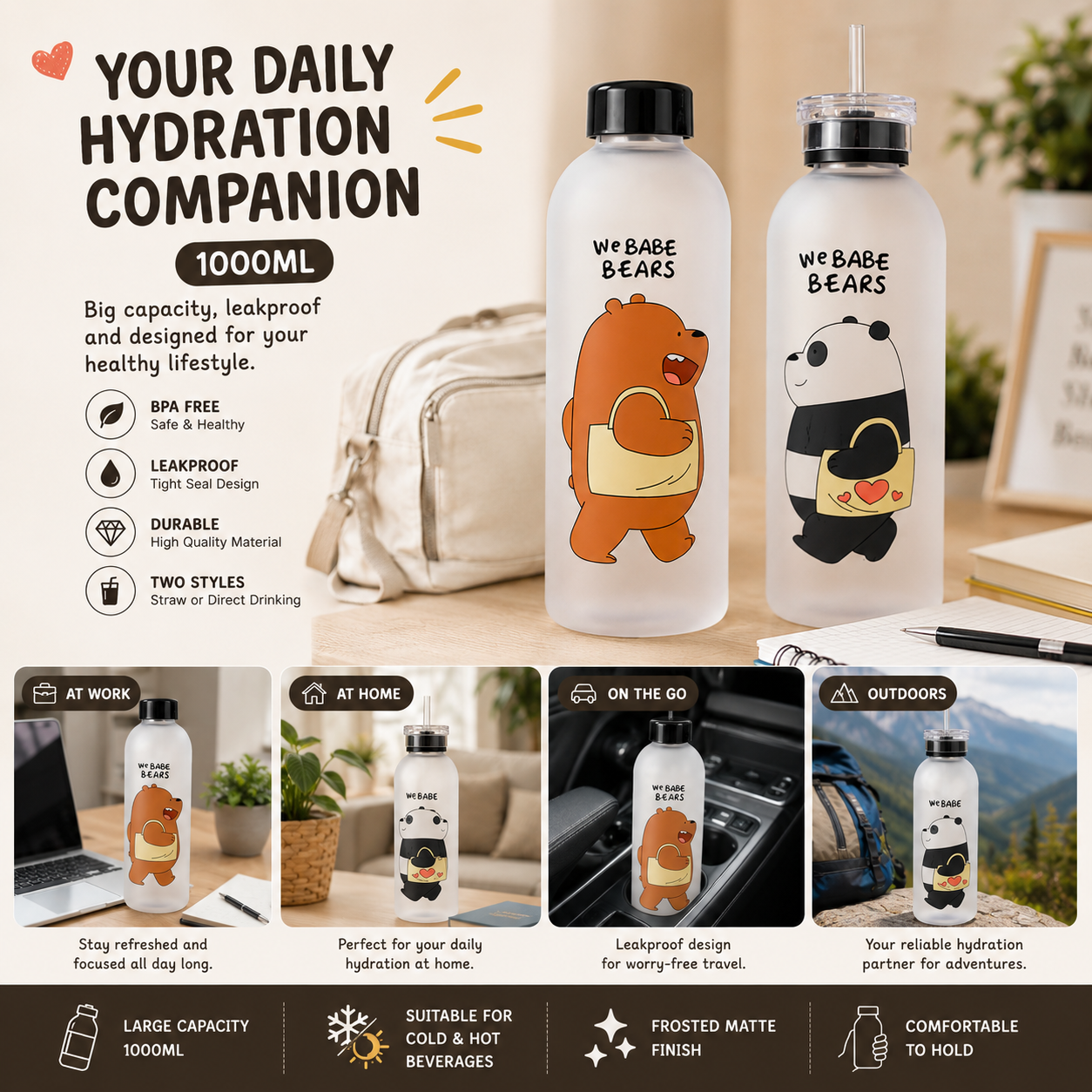 Frosted bear bottle with direct drink lid - Saadiq.pk