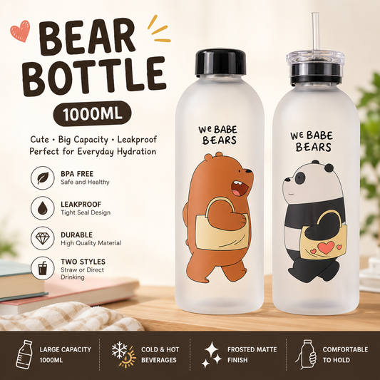 Cute Bear Bottle – Frosted Water Bottle with Straw & Direct Drink Lid – 1000ML