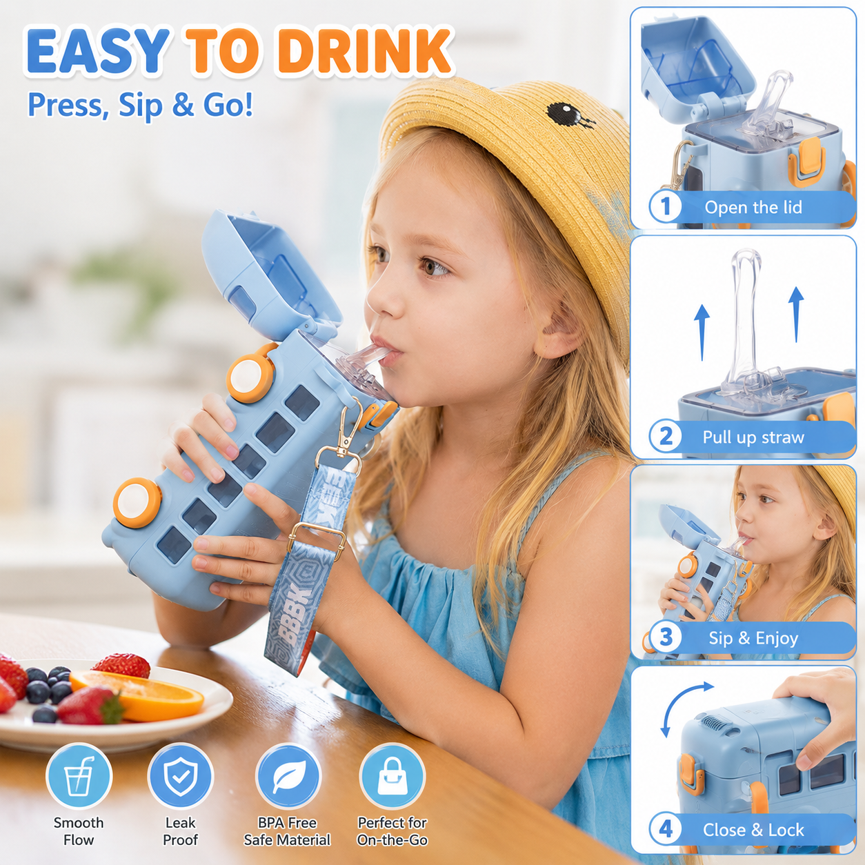 Cute leak-proof kids bottle with strap - Saadiq.pk
