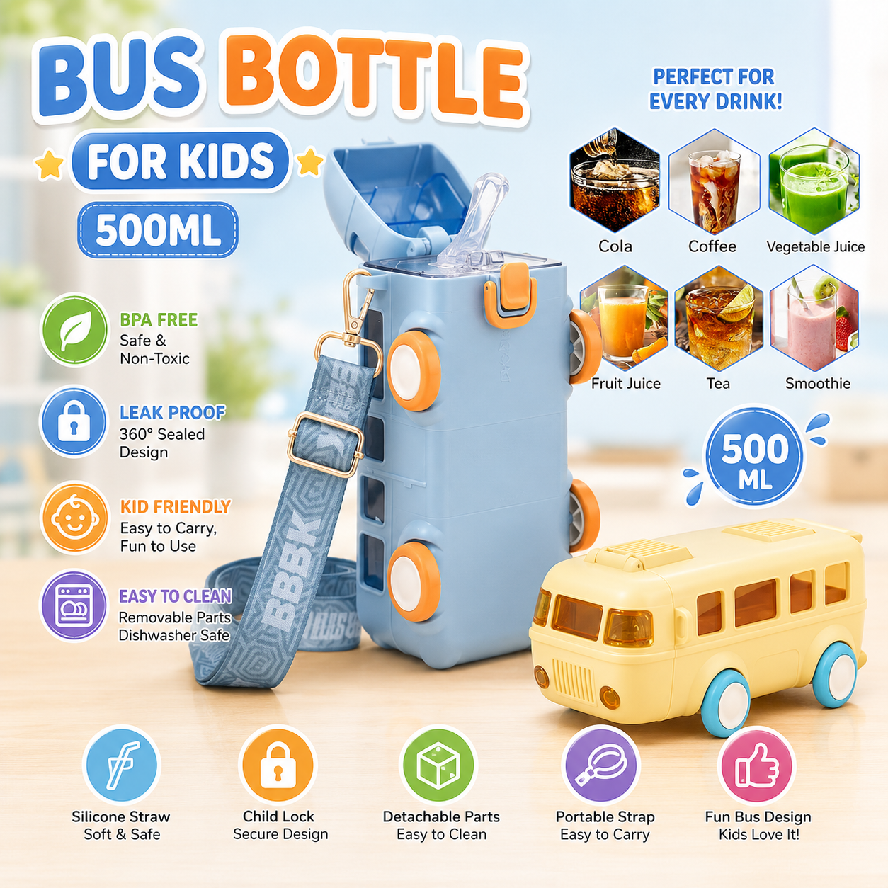 Bus shape kids water bottle with straw - Saadiq.pk Pakistan