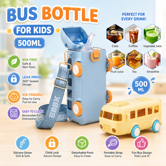 Bus Shape Water Bottle for Kids 500ML – Leakproof Straw Bottle with Carry Strap