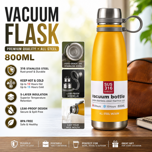 800ML Vacuum Flask Bottle – Stainless Steel Insulated Water Bottle Hot & Cold Thermos Flask