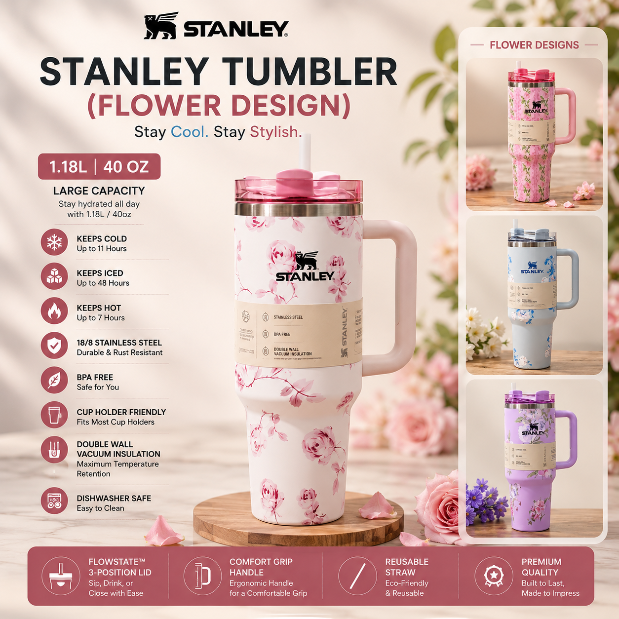 Floral stainless steel travel tumbler - Saadiq.pk