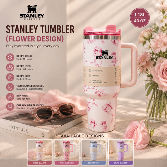Stanley Tumbler Flower Design 1.18L Stainless Steel Vacuum Insulated Cup with Handle & Straw | 40oz Floral Travel Mug