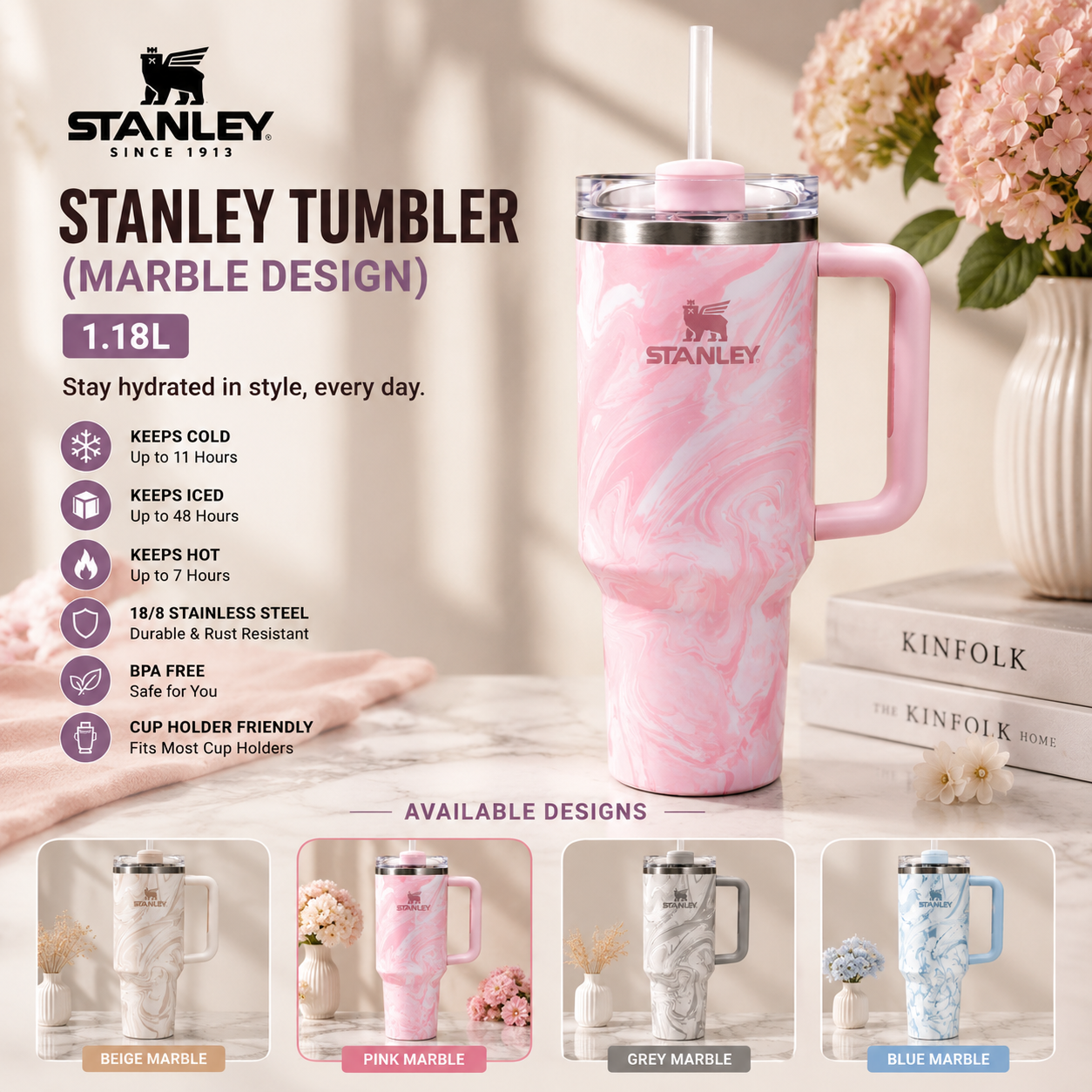 Marble design 40oz insulated tumbler with handle and straw - Saadiq.pk Pakistan