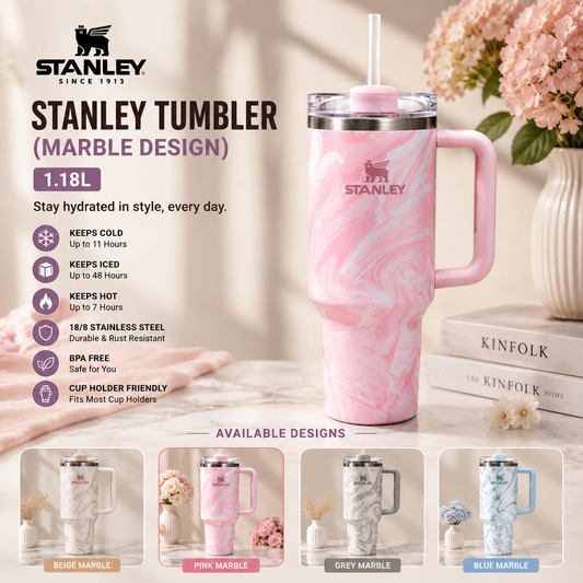 Stanley Tumbler Marble Design 1.18L Stainless Steel Vacuum Insulated Cup with Handle & Straw | 40oz Travel Mug