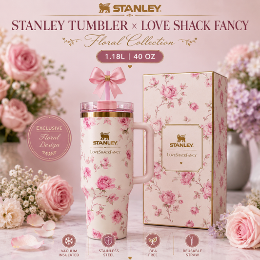 Stanley Tumbler x Love Shack Fancy 1.18L Floral Stainless Steel Vacuum Insulated Cup with Handle & Bow Straw | Premium Gift Packaging