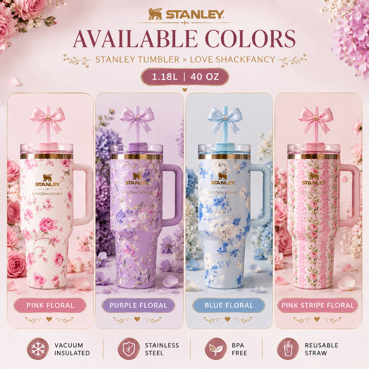 Floral 40oz tumbler with handle and straw gift box - Saadiq.pk