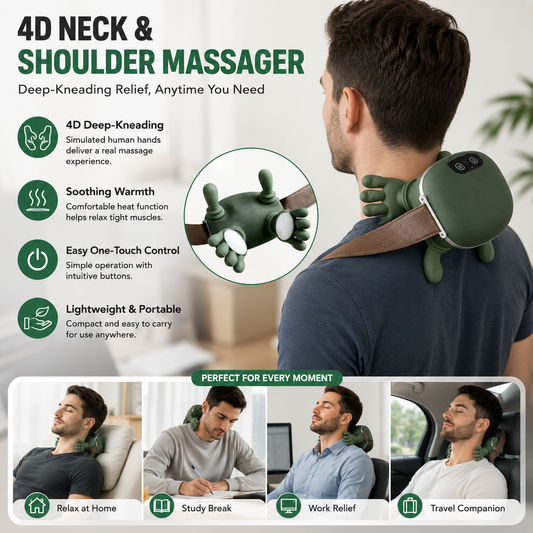 4D Neck & Shoulder Massager with Heat Deep Tissue Kneading Massage Pillow | Portable Pain Comfort Device