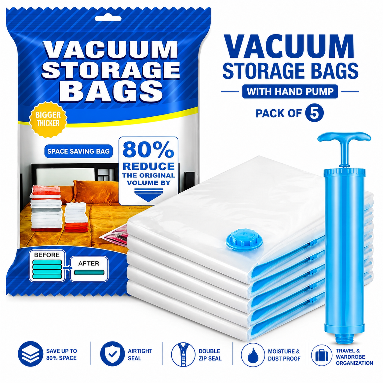 Vacuum Storage Bags with Hand Pump | Space-Saving Compression Bags for Clothes, Blankets & Bedding | 5-Pack