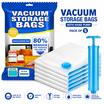 Vacuum Storage Bags with Hand Pump | Space-Saving Compression Bags for Clothes, Blankets & Bedding | 5-Pack