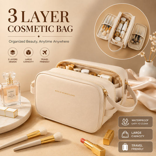 3 Layer Cosmetic Bag Large Capacity Travel Makeup Organizer with Double Zipper & Compartments