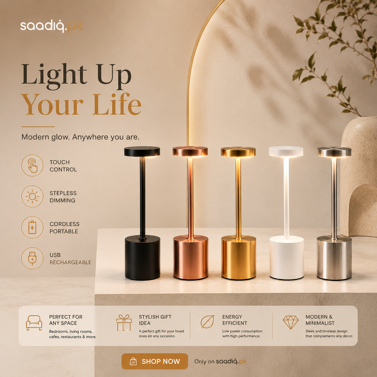 Modern Rechargeable Table Lamp – Touch Control LED Night Light with Stepless Dimming