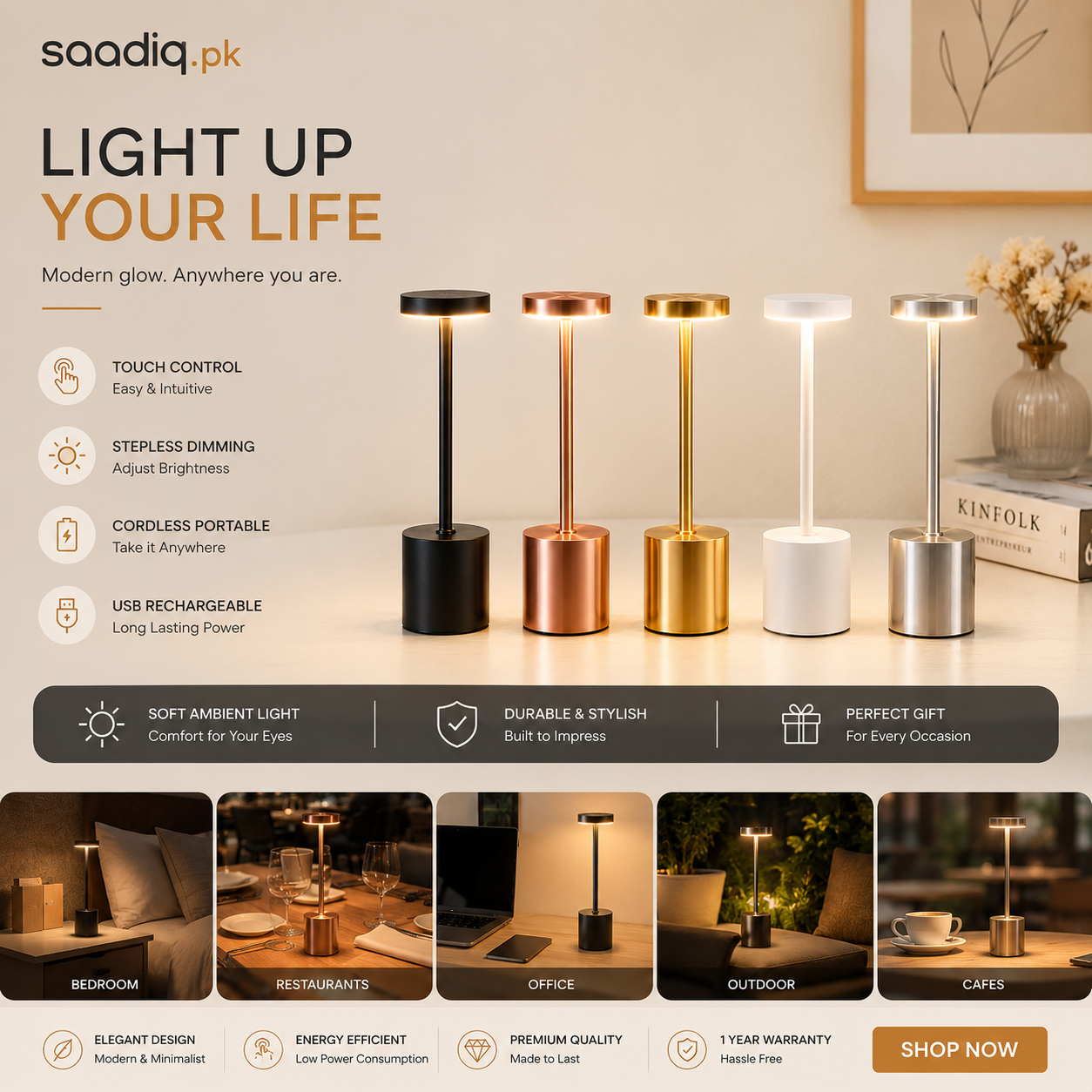 Modern Rechargeable Table Lamp – Touch Control LED Night Light with Stepless Dimming