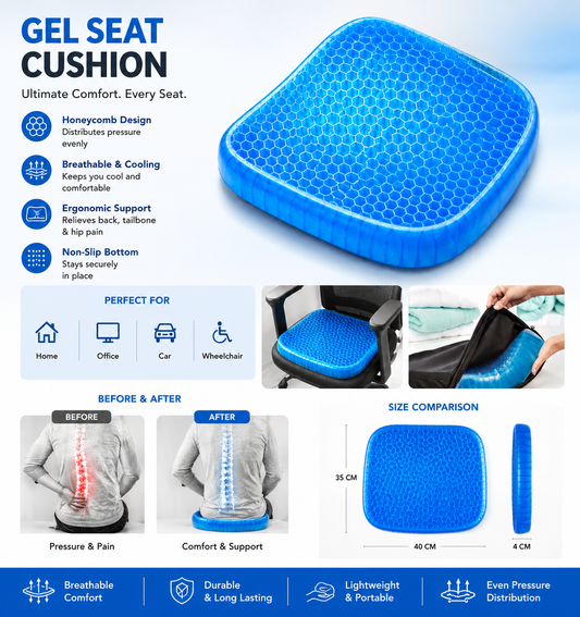 Gel Seat Cushion - U-shaped Breathable Honeycomb Design Comfortable Cushion for Long Sitting