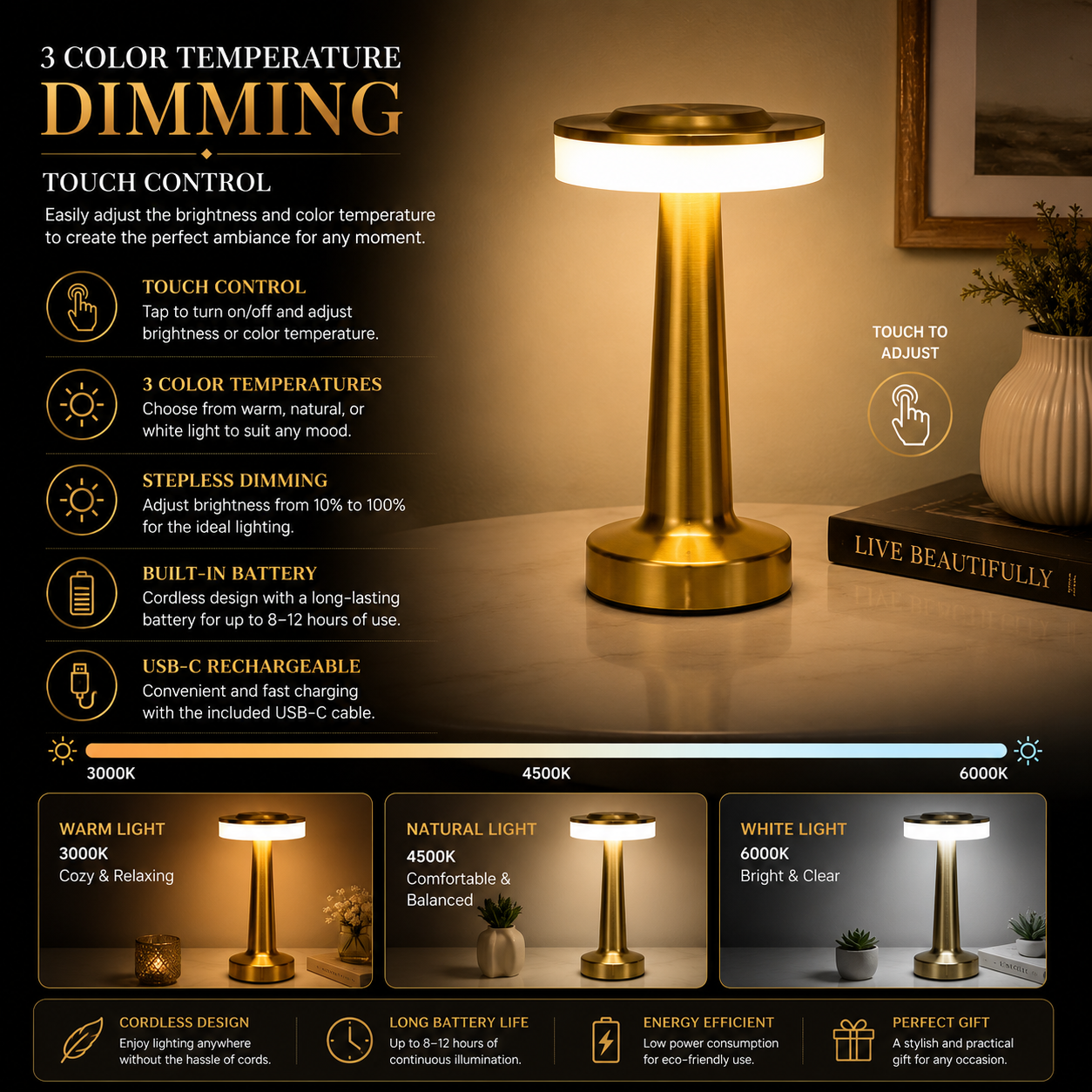 3 Color Temperature Dimming Table Lamp – Rechargeable LED Touch Lamp