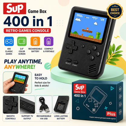 SUP Game Box 400 in 1 Retro Handheld Console – 3.0” Screen, Rechargeable Portable Gaming Device