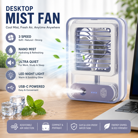 Mini Desktop Air Cooler Fan with Mist Spray & LED Light – Rechargeable USB Cooling Fan