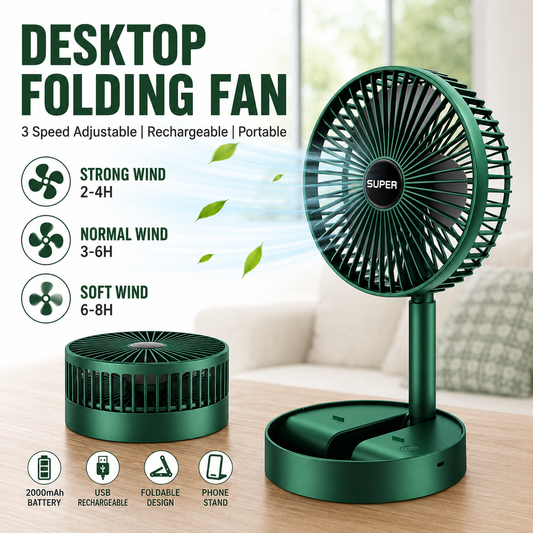 Foldable Table Fan with Adjustable Height & Phone Holder - Rechargeable Desktop Fan