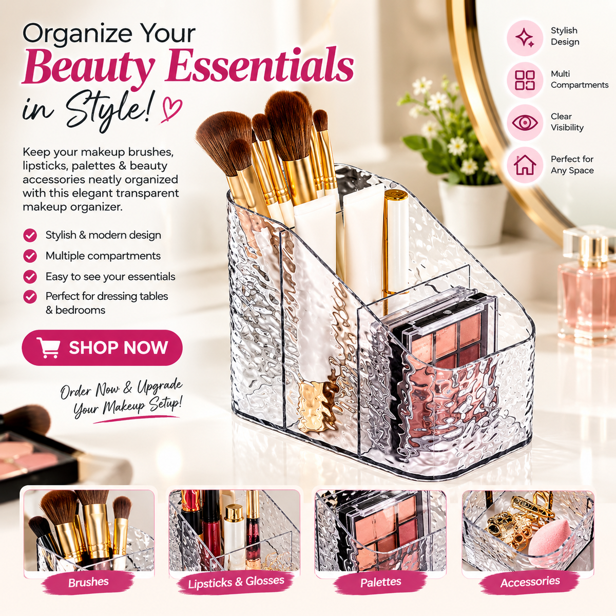 Clear Acrylic Makeup Organizer with 3 Compartments – Cosmetic Storage Holder for Lipsticks, Brushes & Skincare