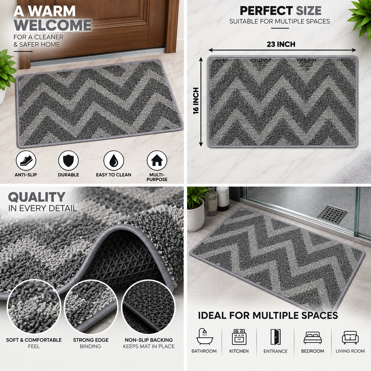 Soft Chevron Floor Mat | Non-Slip Door & Bathroom Mat | 23 × 16 Inch