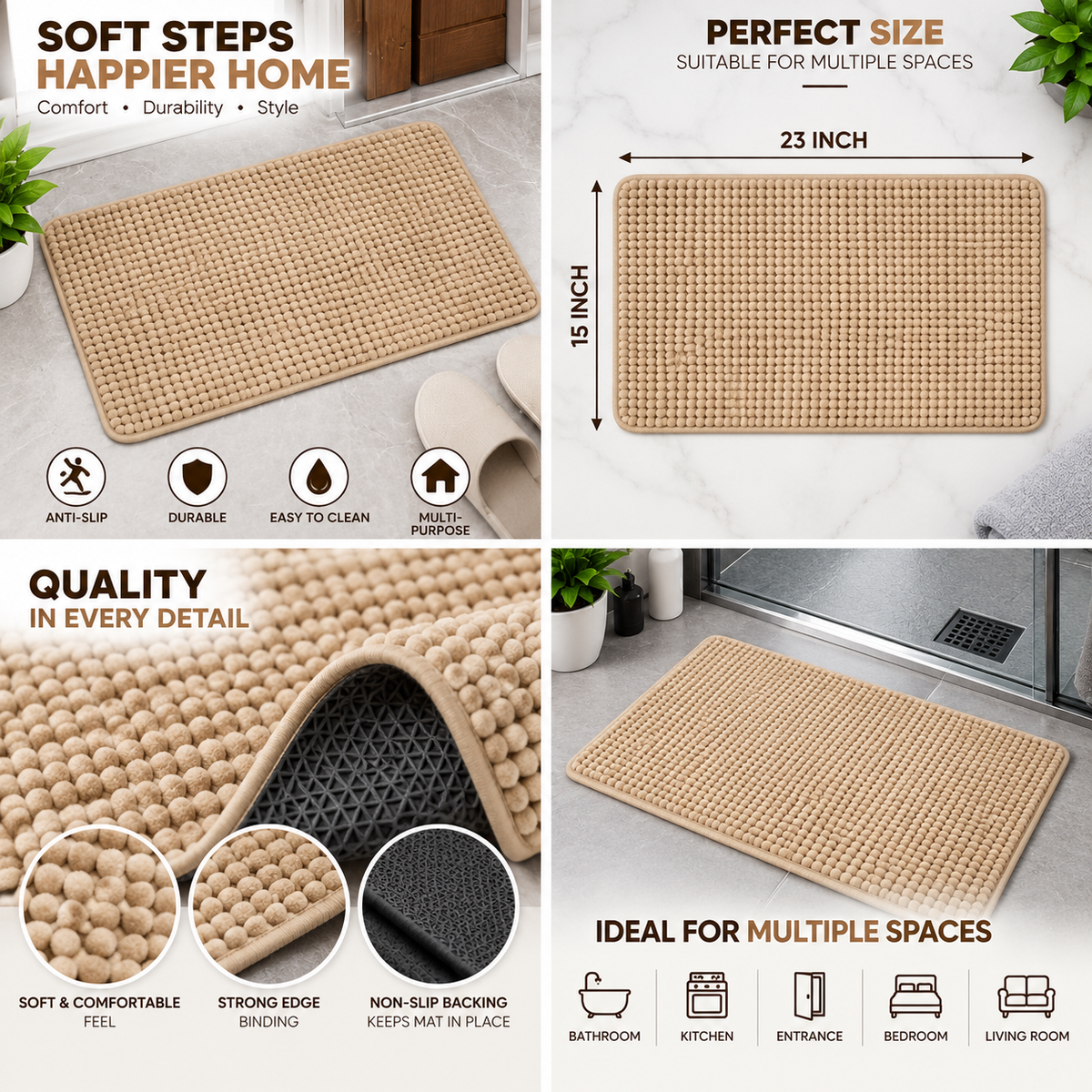 2PC Soft Textured Floor Mat | Non-Slip Door & Bathroom Mat | 23 × 15 Inch